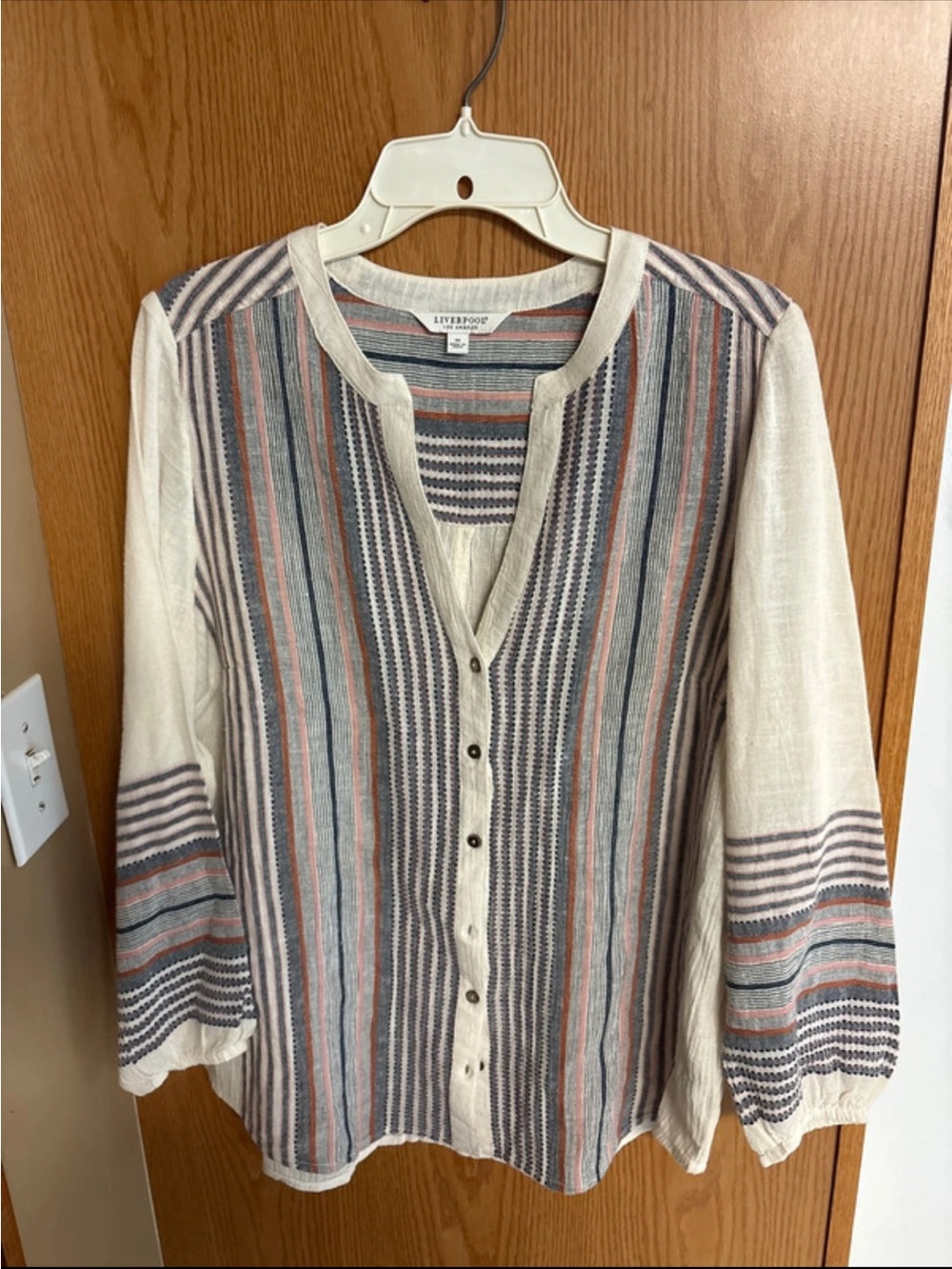 Liverpool Striped Button-Front Top in Cream, Blue and Coral